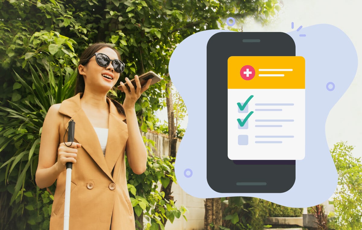 Image of Woman needing assistive technology to fill in an electronic form on her smart phone