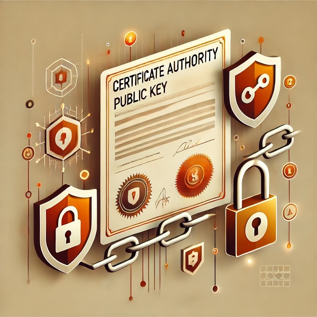 An abstract illustration featuring a digital certificate with a public key symbol, lock, and shield, connected to a trusted authority by a chain. The image uses a warm color palette, with tones of gold, orange, and soft red, symbolizing trust, security, and verification in the digital world.