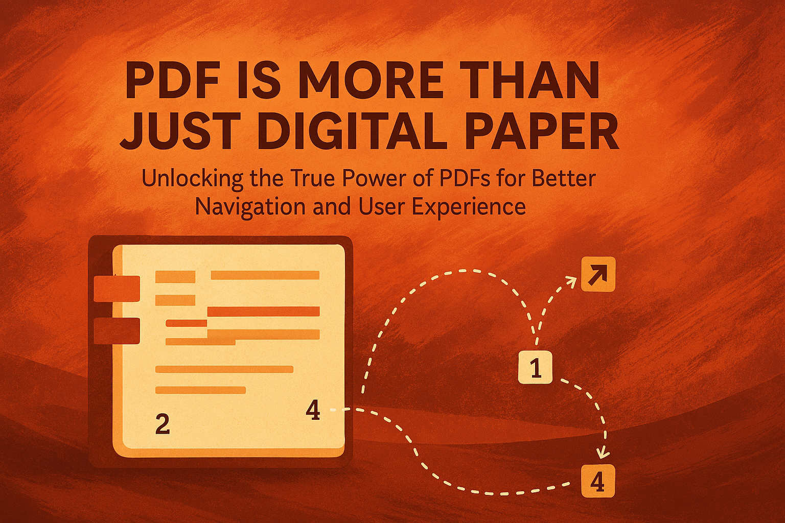 Warm-toned illustration showing interactive PDF features like bookmarks, hyperlinks, and page navigation